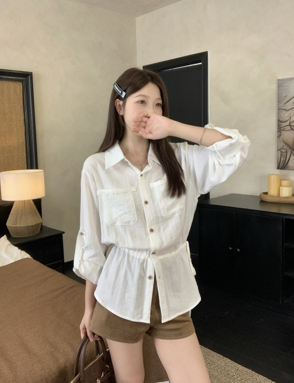 Korean style pinched waist shirt Casual slim tops
