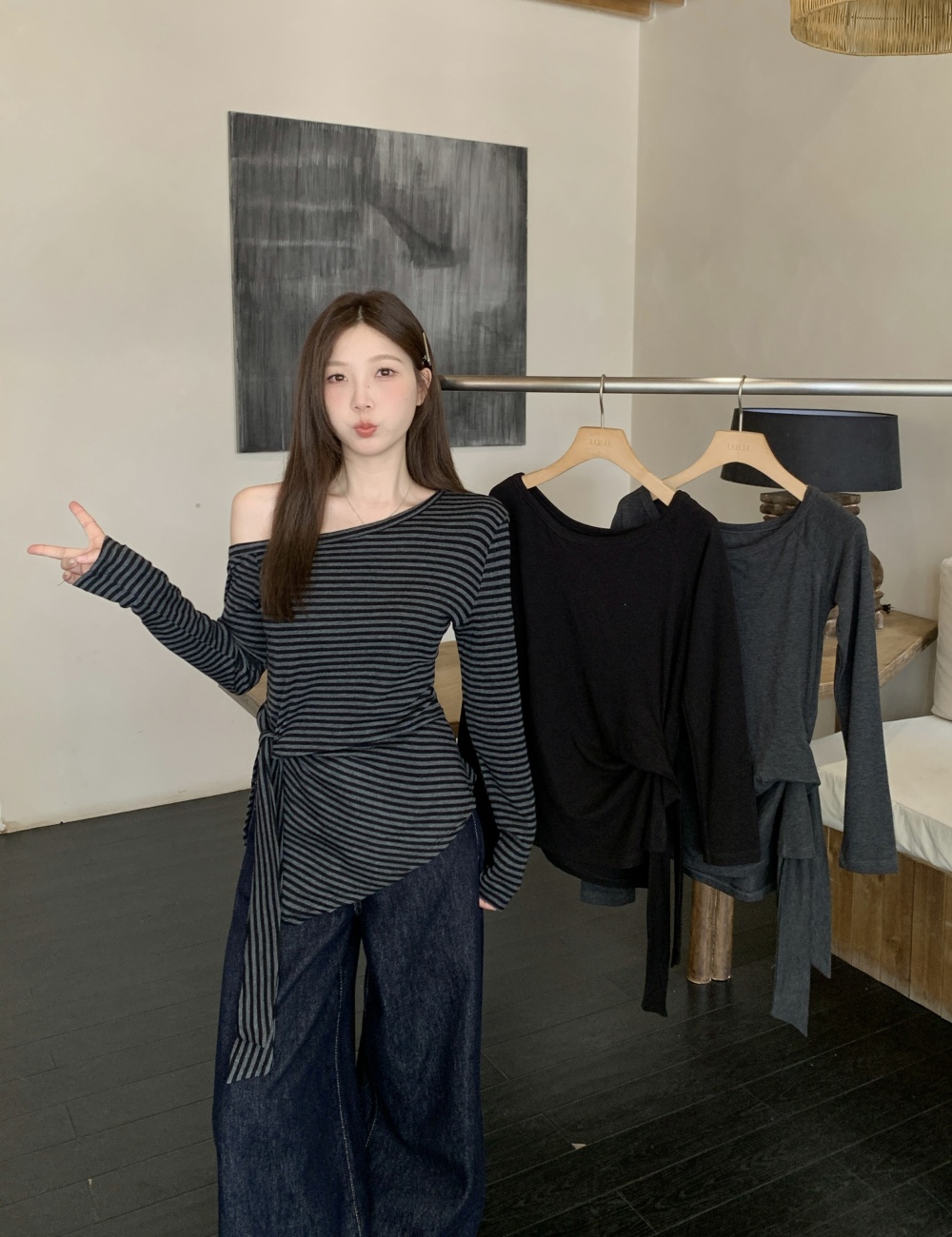 Autumn sloping shoulder T-shirt bandage tops