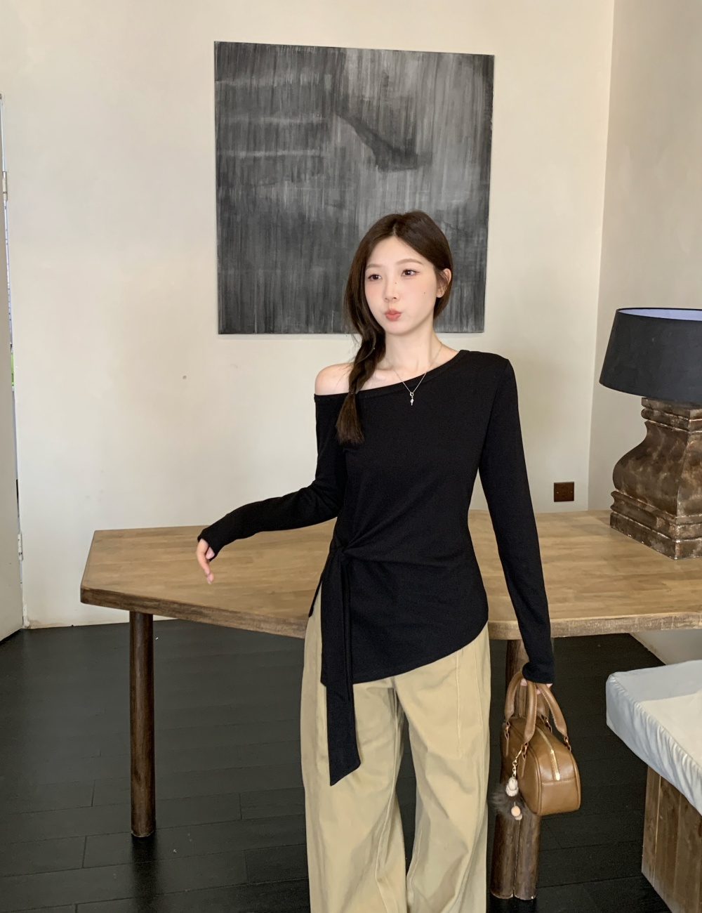 Autumn sloping shoulder T-shirt bandage tops