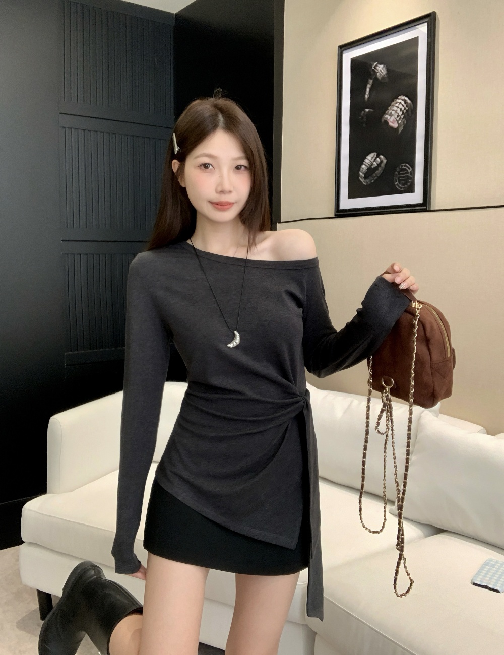 Autumn sloping shoulder T-shirt bandage tops