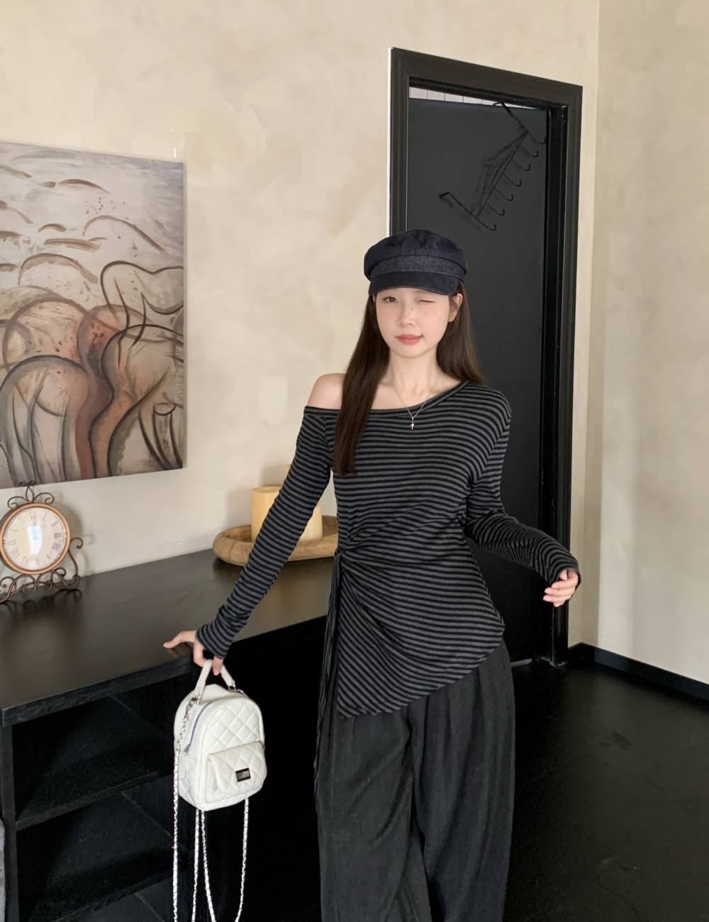 Autumn sloping shoulder T-shirt bandage tops