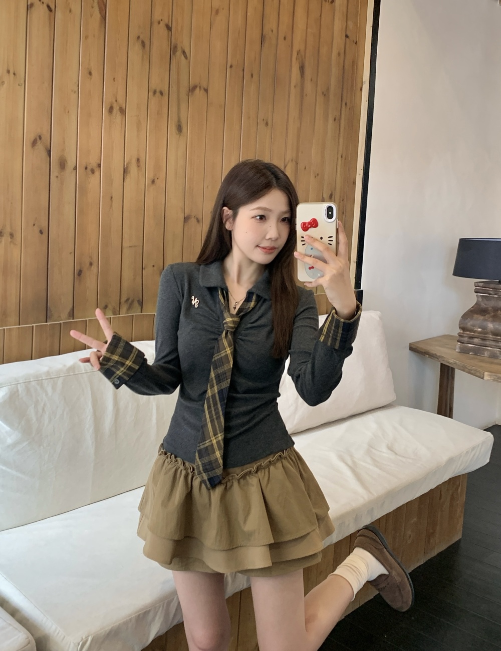 Long sleeve cake skirt autumn plaid tops 2pcs set