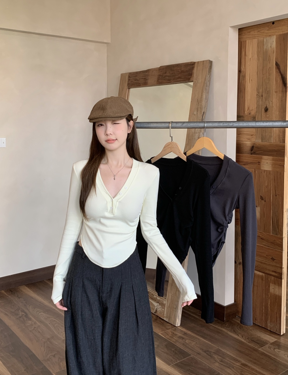 Autumn and winter buckle slim bottoming shirt arc large yard tops