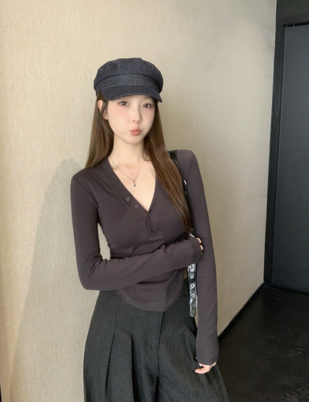 Autumn and winter buckle slim bottoming shirt arc large yard tops
