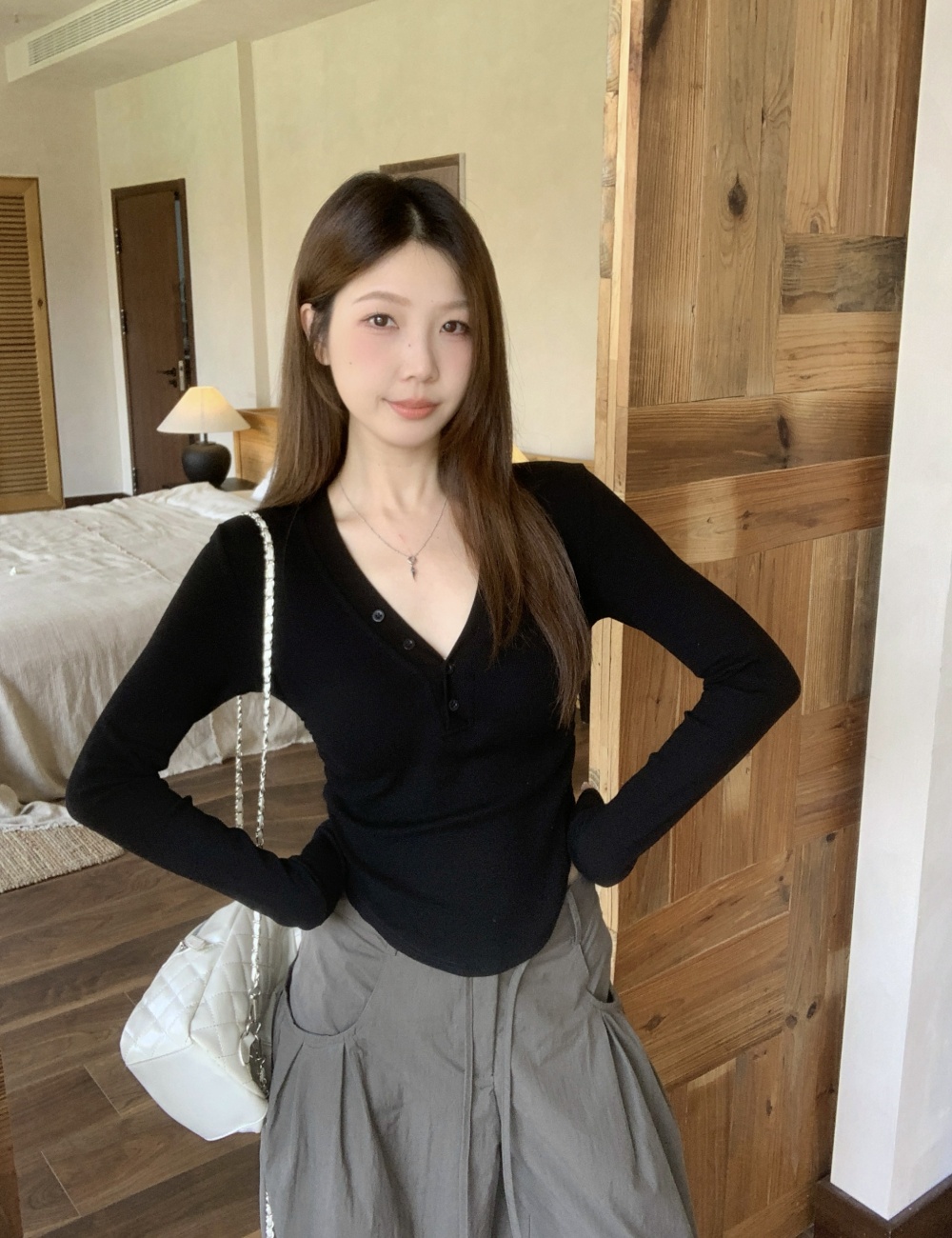 Autumn and winter buckle slim bottoming shirt arc large yard tops