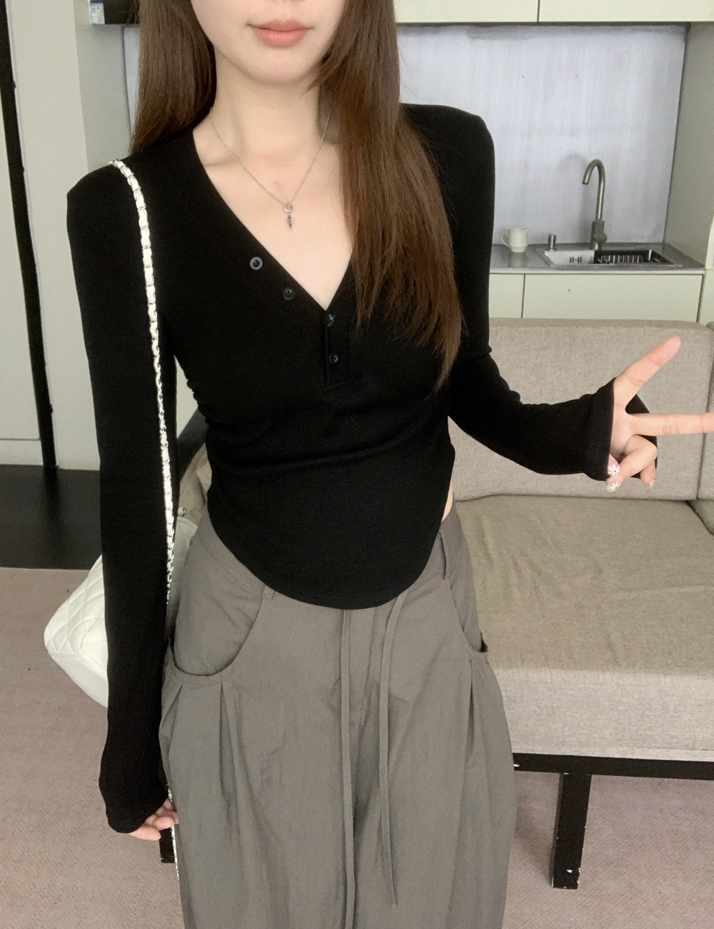 Autumn and winter buckle slim bottoming shirt arc large yard tops