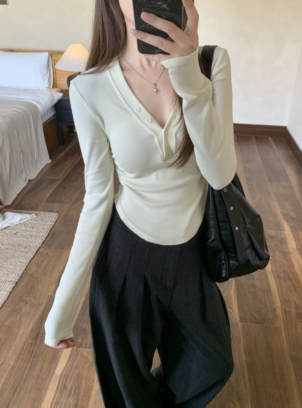 Autumn and winter buckle slim bottoming shirt arc large yard tops