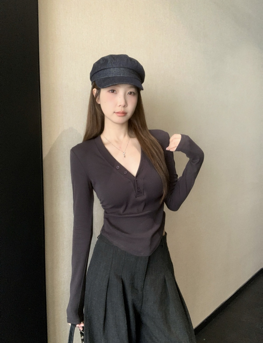 Autumn and winter buckle slim bottoming shirt arc large yard tops