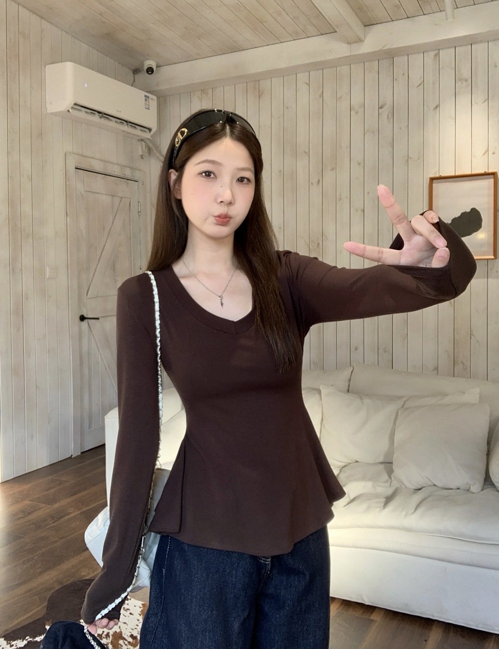 Slim spicegirl bottoming shirt V-neck T-shirt