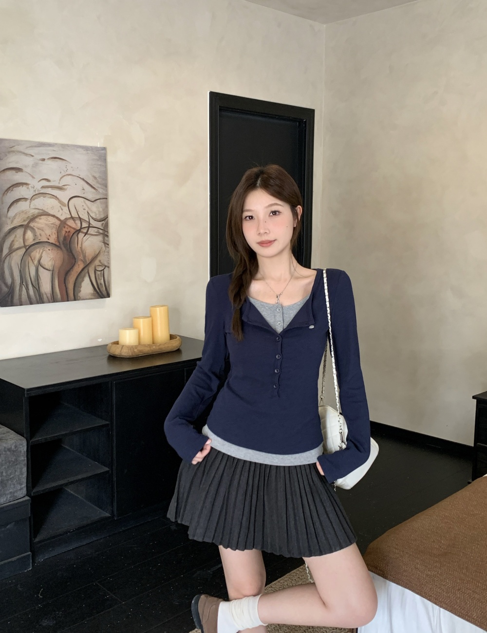 Mixed colors long sleeve T-shirt enticement all-match tops