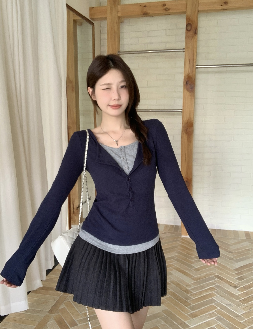 Mixed colors long sleeve T-shirt enticement all-match tops