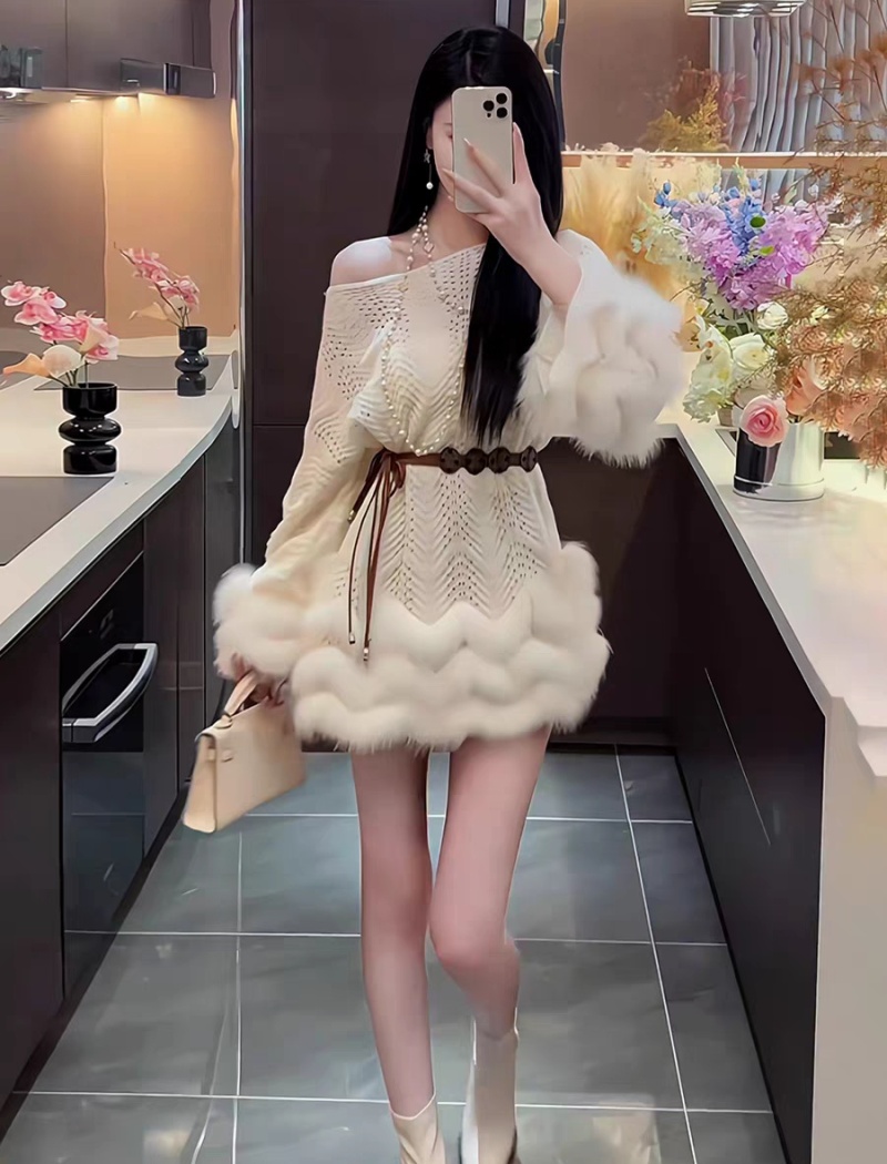 Tender fluffy dress slim autumn and winter belt