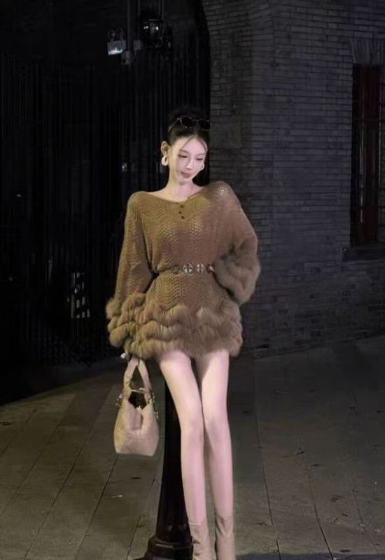 Tender fluffy dress slim autumn and winter belt