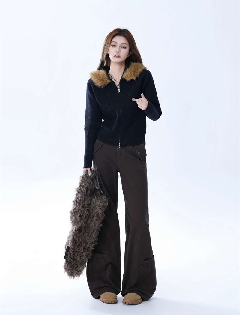 Short hooded tops fur collar slim sweater for women