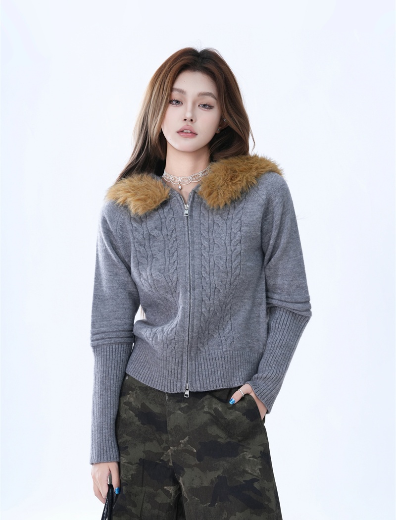 Short hooded tops fur collar slim sweater for women