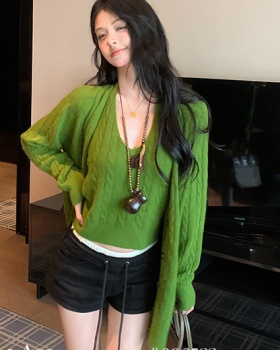 Knitted retro sling all-match loose cardigan a set