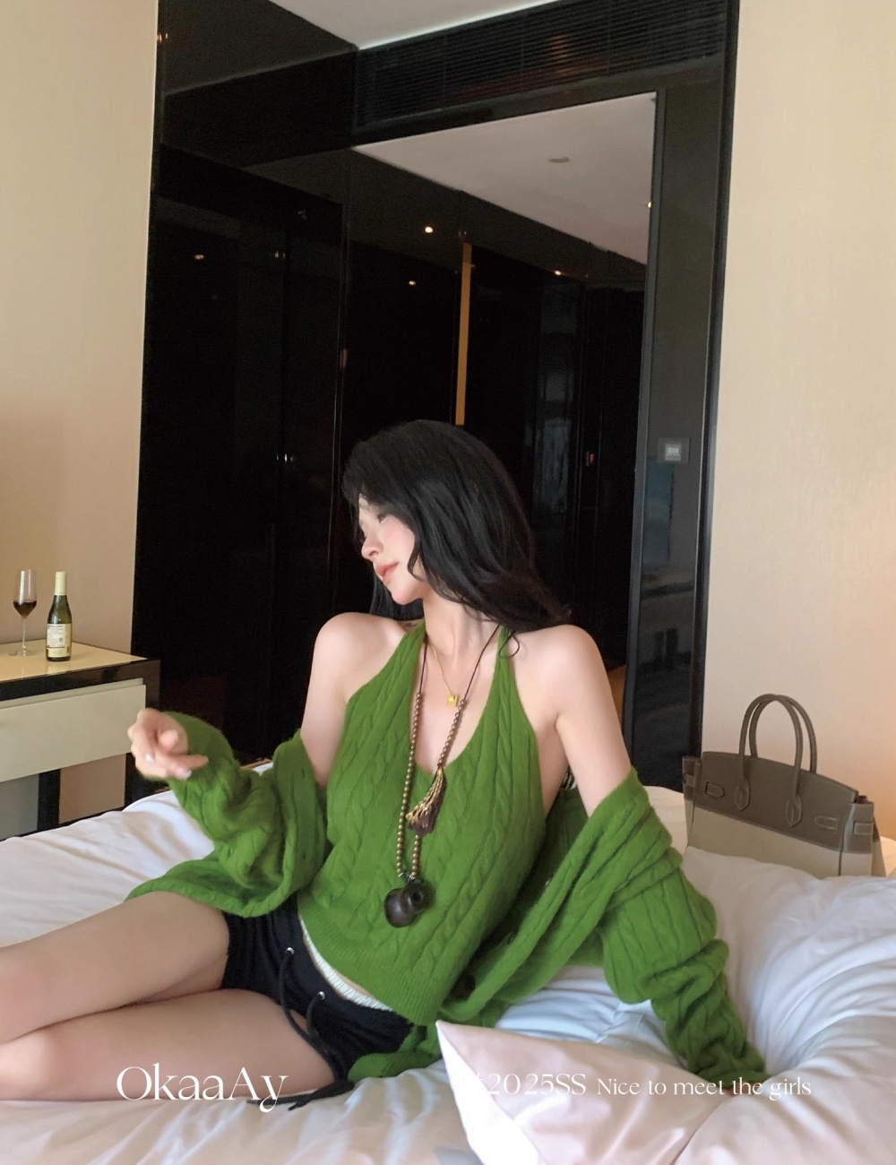 Knitted retro sling all-match loose cardigan a set