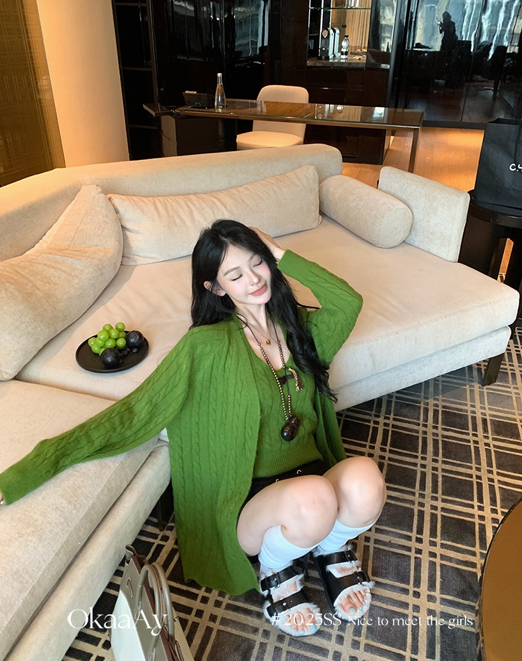 Knitted retro sling all-match loose cardigan a set