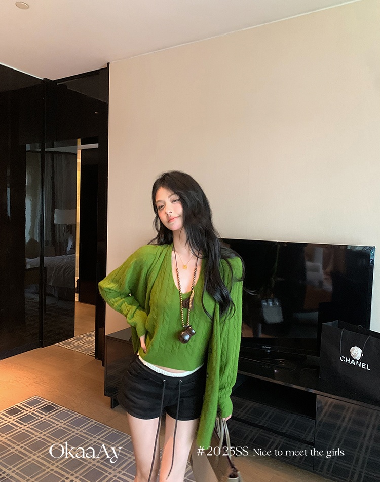 Knitted retro sling all-match loose cardigan a set
