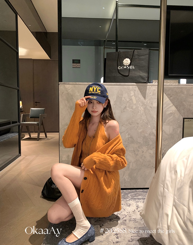 Knitted retro sling all-match loose cardigan a set