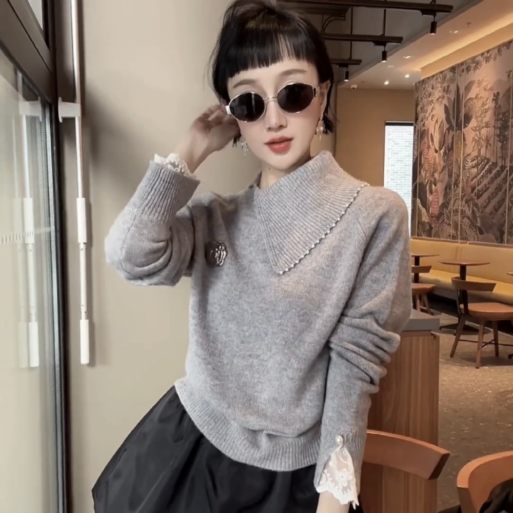 Oblique collar pullover tops long sleeve sweater