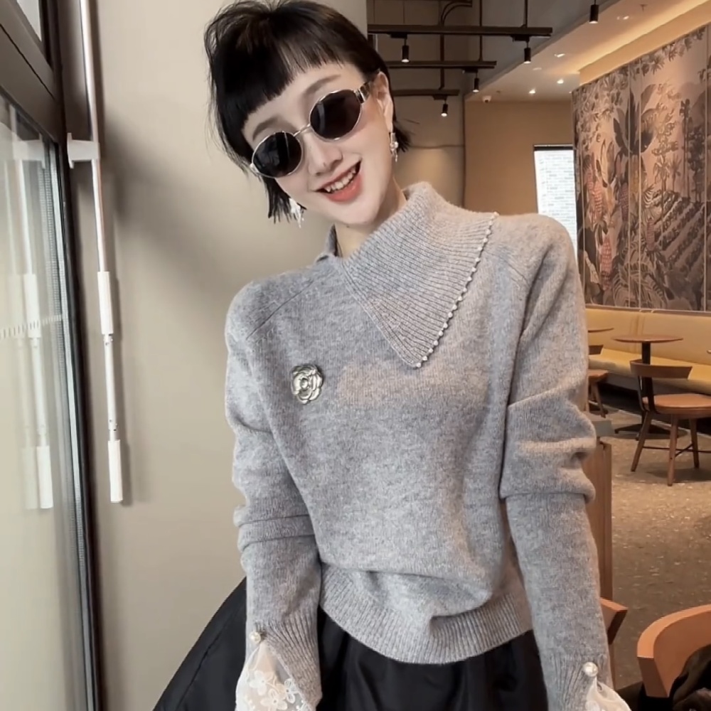 Oblique collar pullover tops long sleeve sweater