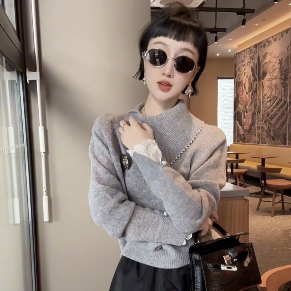 Oblique collar pullover tops long sleeve sweater