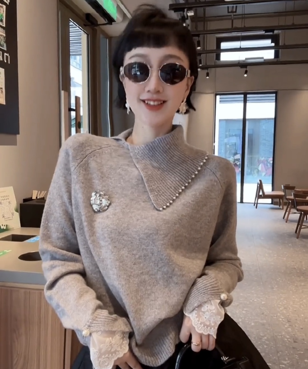 Oblique collar pullover tops long sleeve sweater