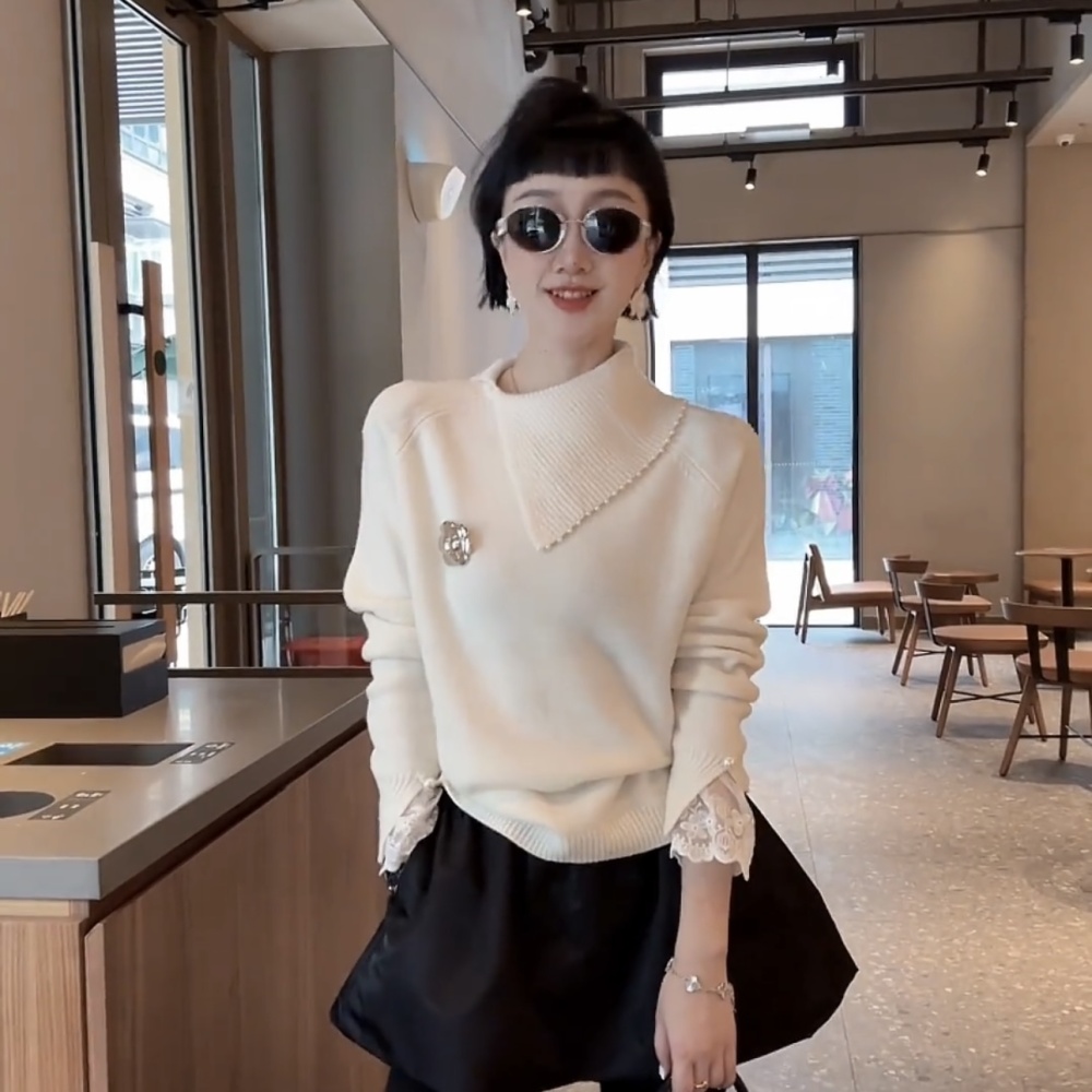 Oblique collar pullover tops long sleeve sweater