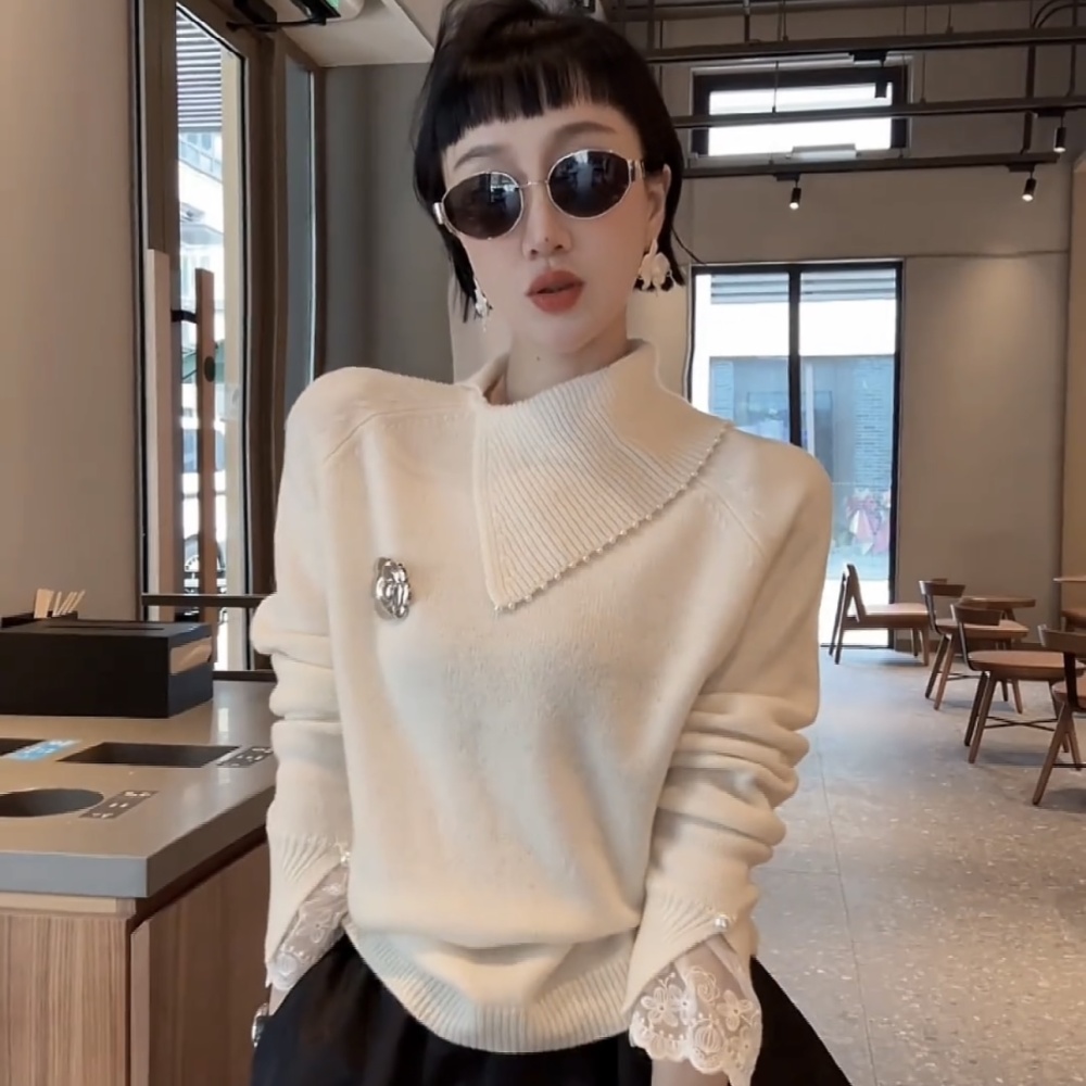 Oblique collar pullover tops long sleeve sweater