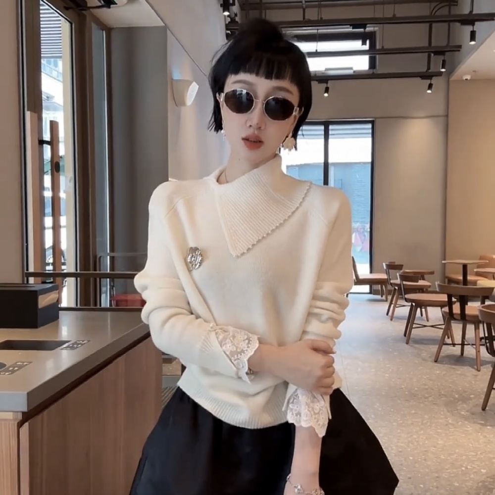 Oblique collar pullover tops long sleeve sweater