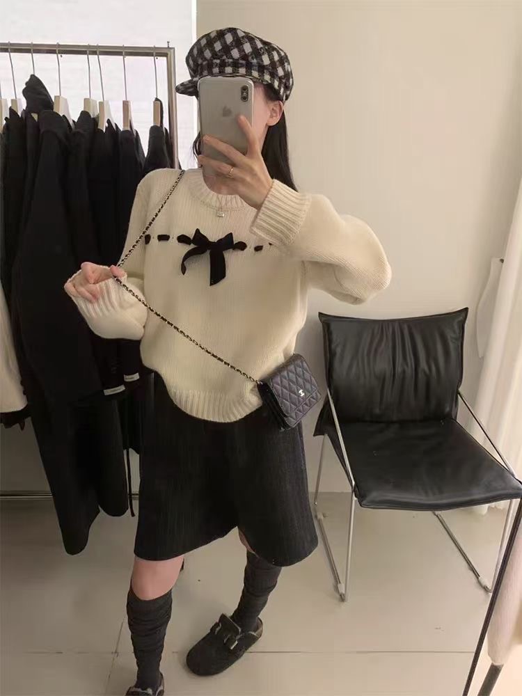 Autumn bandage loose round neck all-match sweet sweater