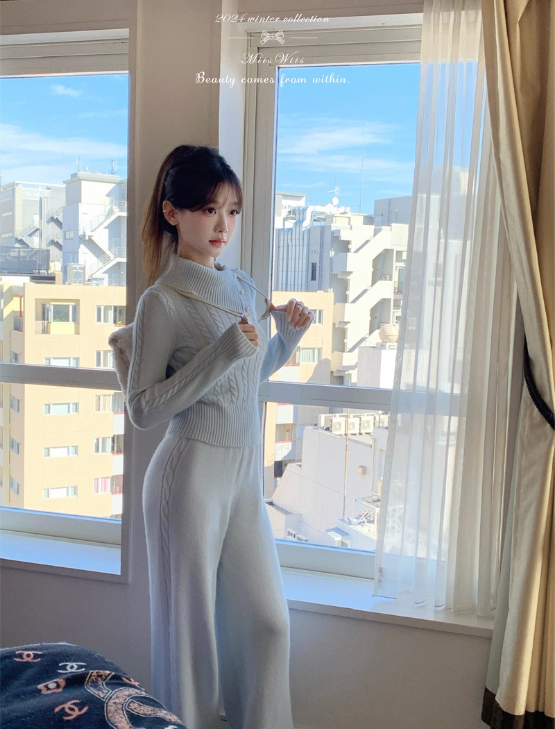Brushed bottoming tops knitted pants 2pcs set