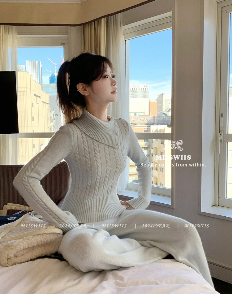 Brushed bottoming tops knitted pants 2pcs set