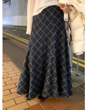Plaid long twill thick sueding A-line skirt