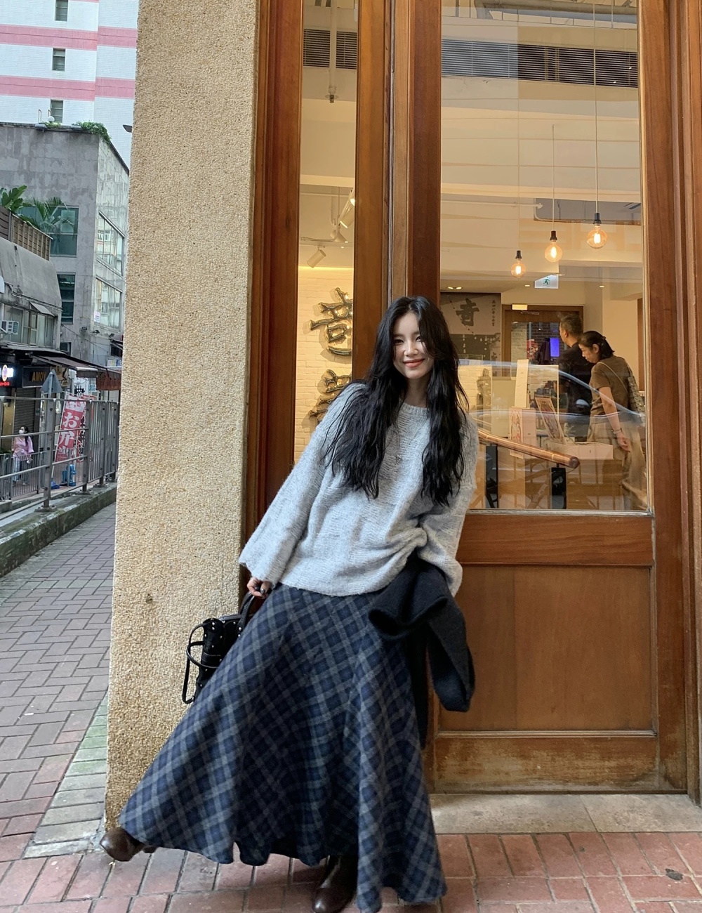 Plaid long twill thick sueding A-line skirt