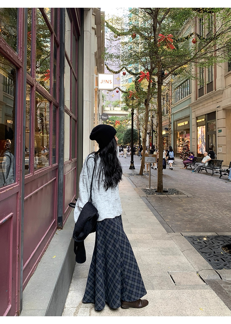 Plaid long twill thick sueding A-line skirt