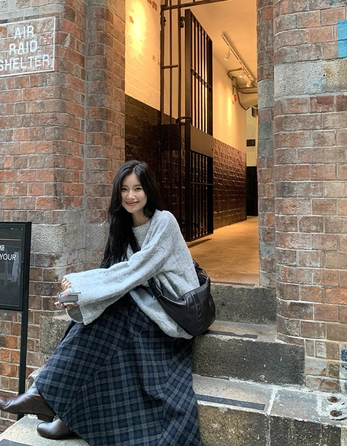 Plaid long twill thick sueding A-line skirt