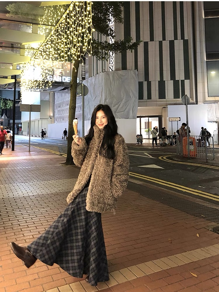 Plaid long twill thick sueding A-line skirt
