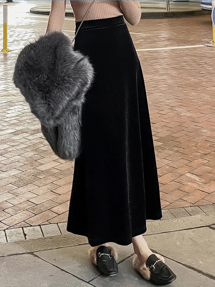 Slim retro high waist skirt velvet drape long skirt