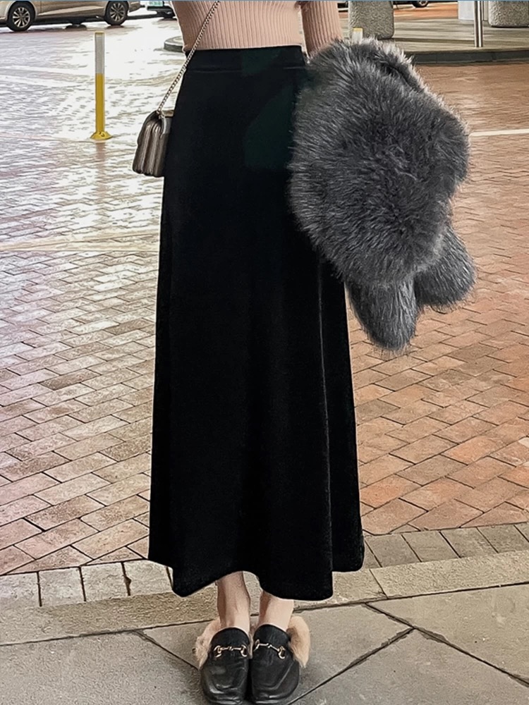Slim retro high waist skirt velvet drape long skirt