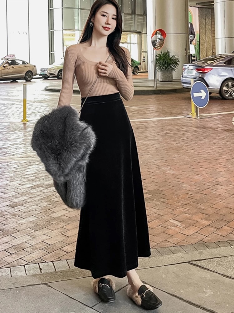Slim retro high waist skirt velvet drape long skirt
