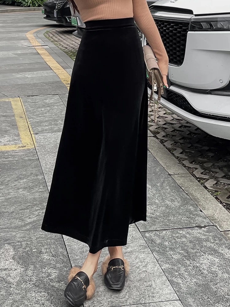 Slim retro high waist skirt velvet drape long skirt