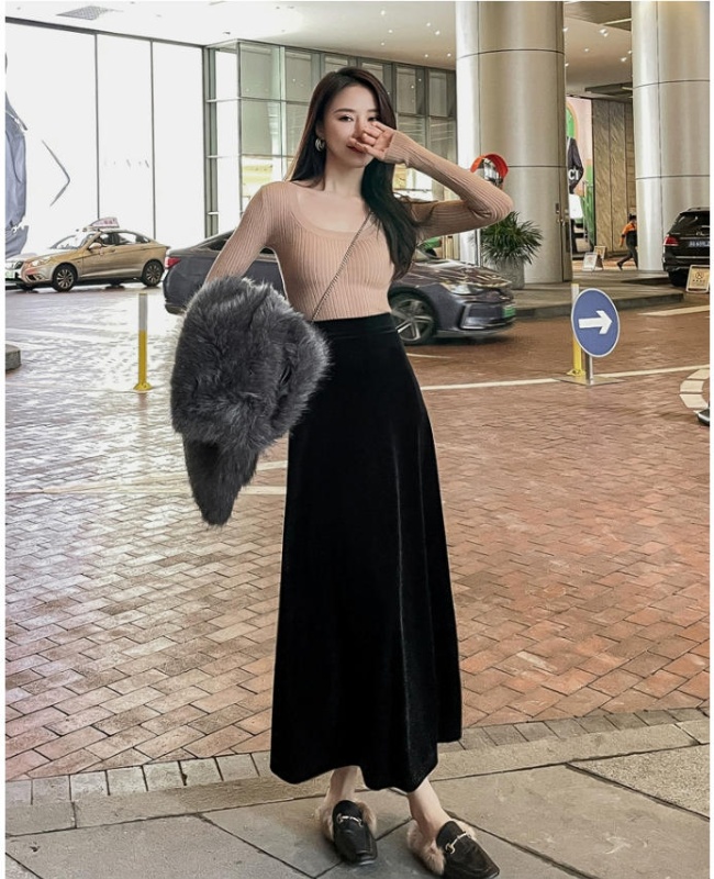 Slim retro high waist skirt velvet drape long skirt