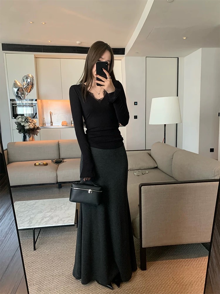 Knitted mermaid elastic waist long autumn and winter skirt