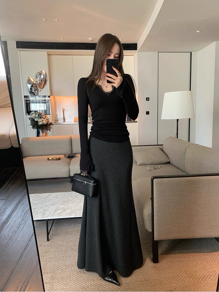 Knitted mermaid elastic waist long autumn and winter skirt