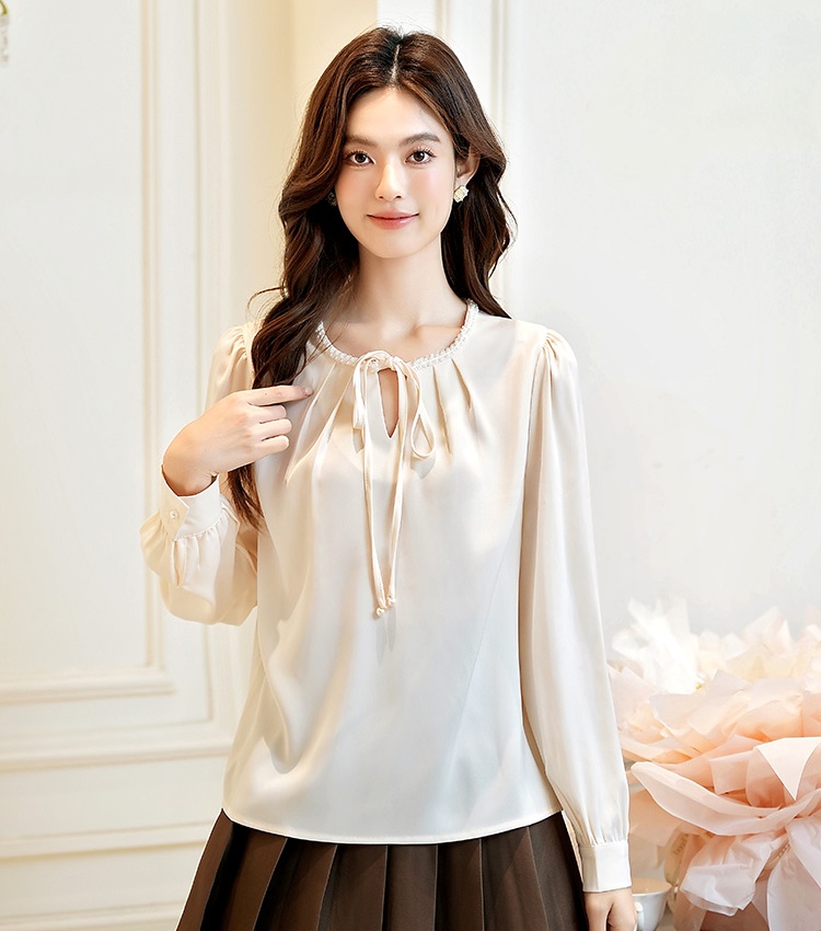 Beading satin show young light luxury long sleeve shirt