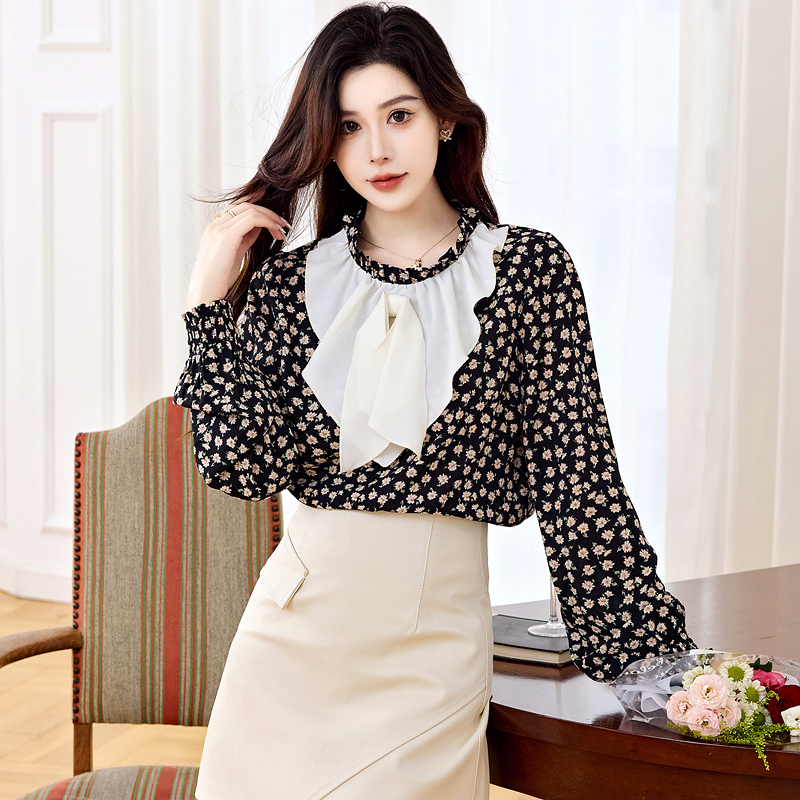 Floral chiffon small shirt autumn retro tops for women