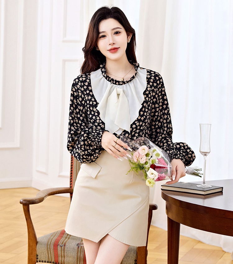 Floral chiffon small shirt autumn retro tops for women