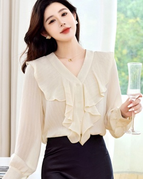 Autumn long sleeve tops niche lotus leaf edges shirt for women